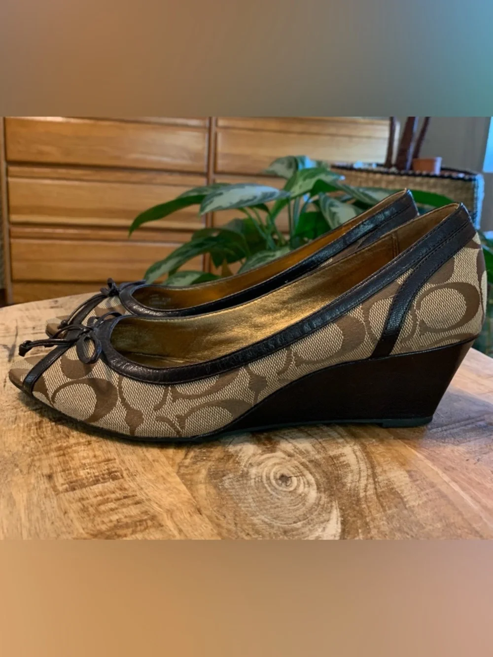 Coach Brown Signature Canvas Peep-Toe Wedge Heels with Dark Trim - Picture 2 of 7